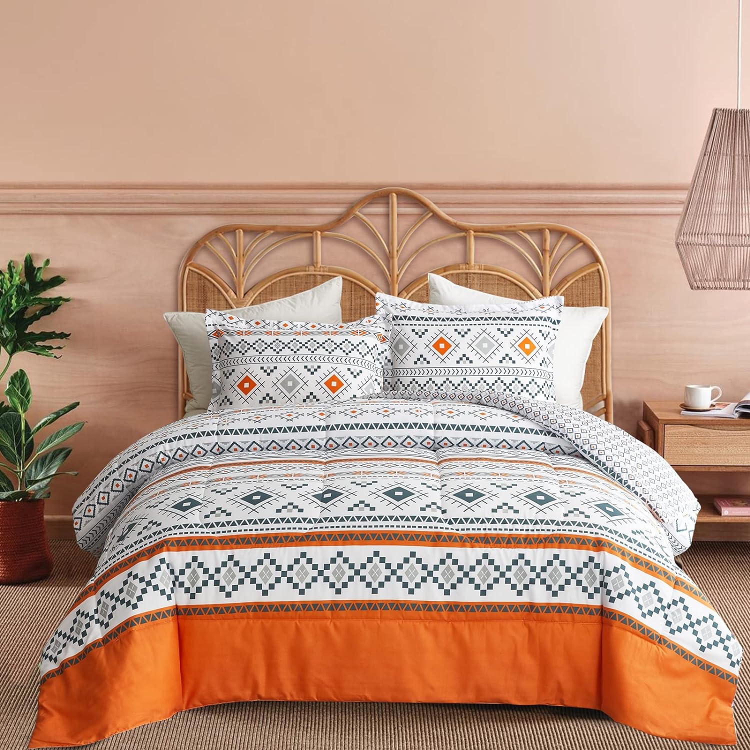 Flysheep 3 Piece Bohemian Orange Comforter Set Full Queen Size, Tribal Geometric Bedding Set for All Season, Ultra Soft Microfiber Reversible Comforter   2 Pillow Shams