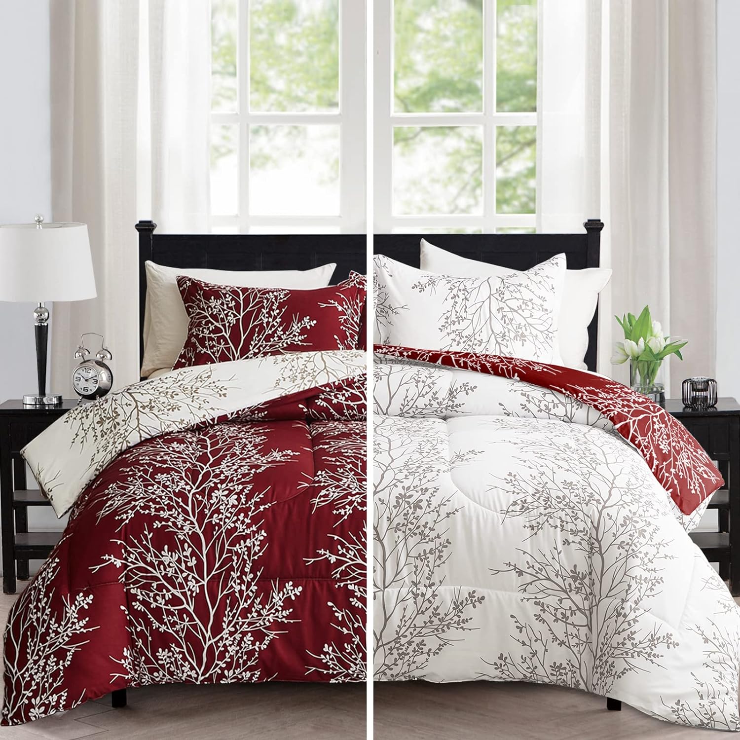 Flysheep Burgundy Red Tree Christmas Comforter Set Queen Full Size, Red and White Floral Branch Botanical Reversible 3 Piece Modern Bedding Set, Ultra Soft Microfiber for All Season