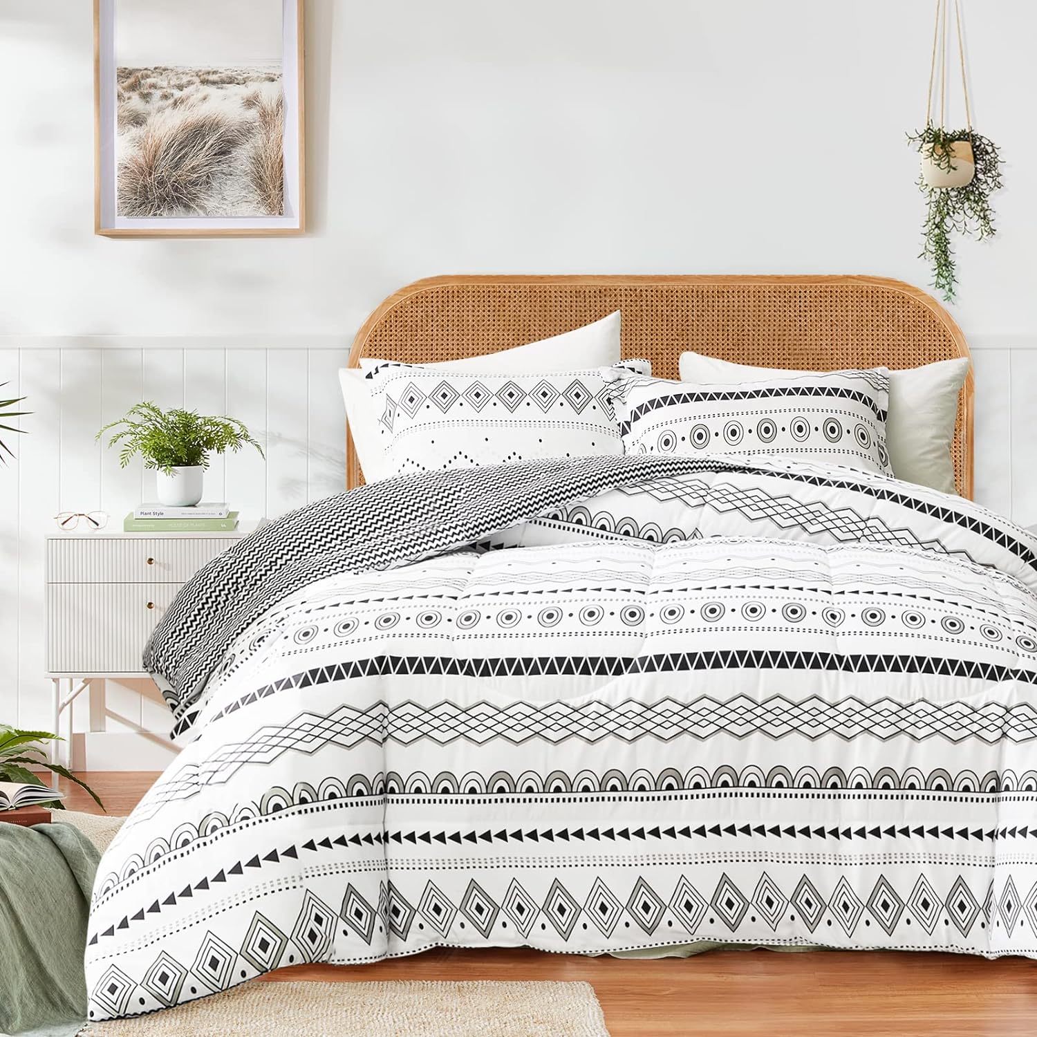 Flysheep 3 Pcs Farmhouse Comforter Set Full Queen Modern Boho White, Bohemian Aztec Geometric Black Striped Lightweight Bedding Set for All Season, Brushed Microfiber Comforter   2 Pillow Shams