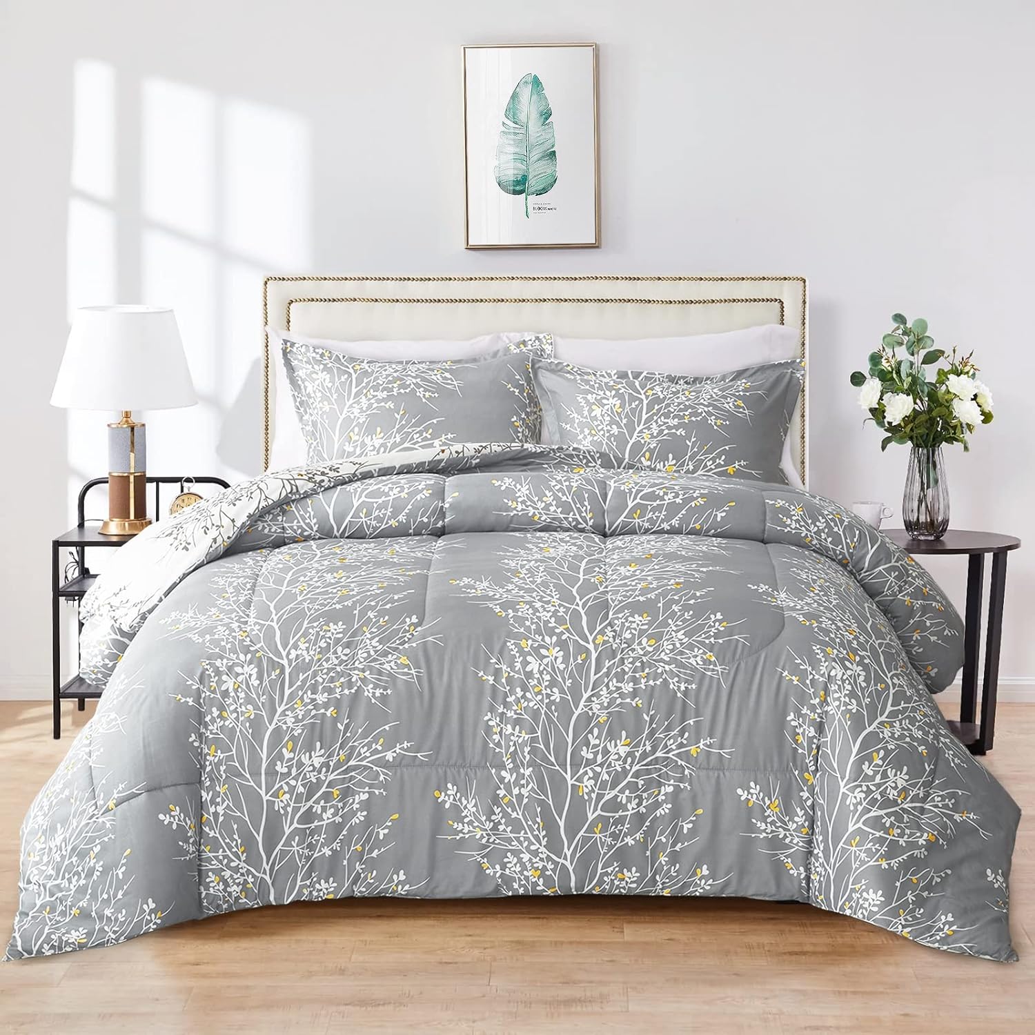 Flysheep Gray Comforter Set Queen Size, Branch with Yellow Flower on Grey and White Reversible Modern Bedding Set, Ultra Soft Microfiber for All Season