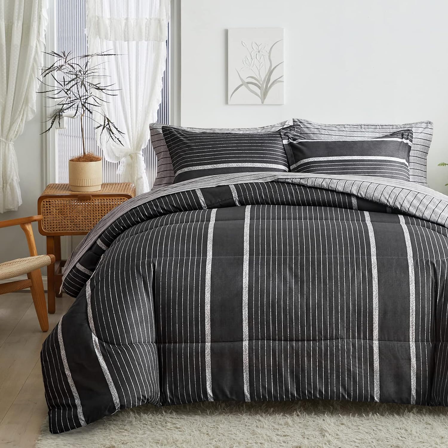 Flysheep 3 Pcs Boho Striped Comforter Set Full Full/Queen Size, White Striped on Black Dark Grey Soft Microfiber Reversible Bedding Set for All Season