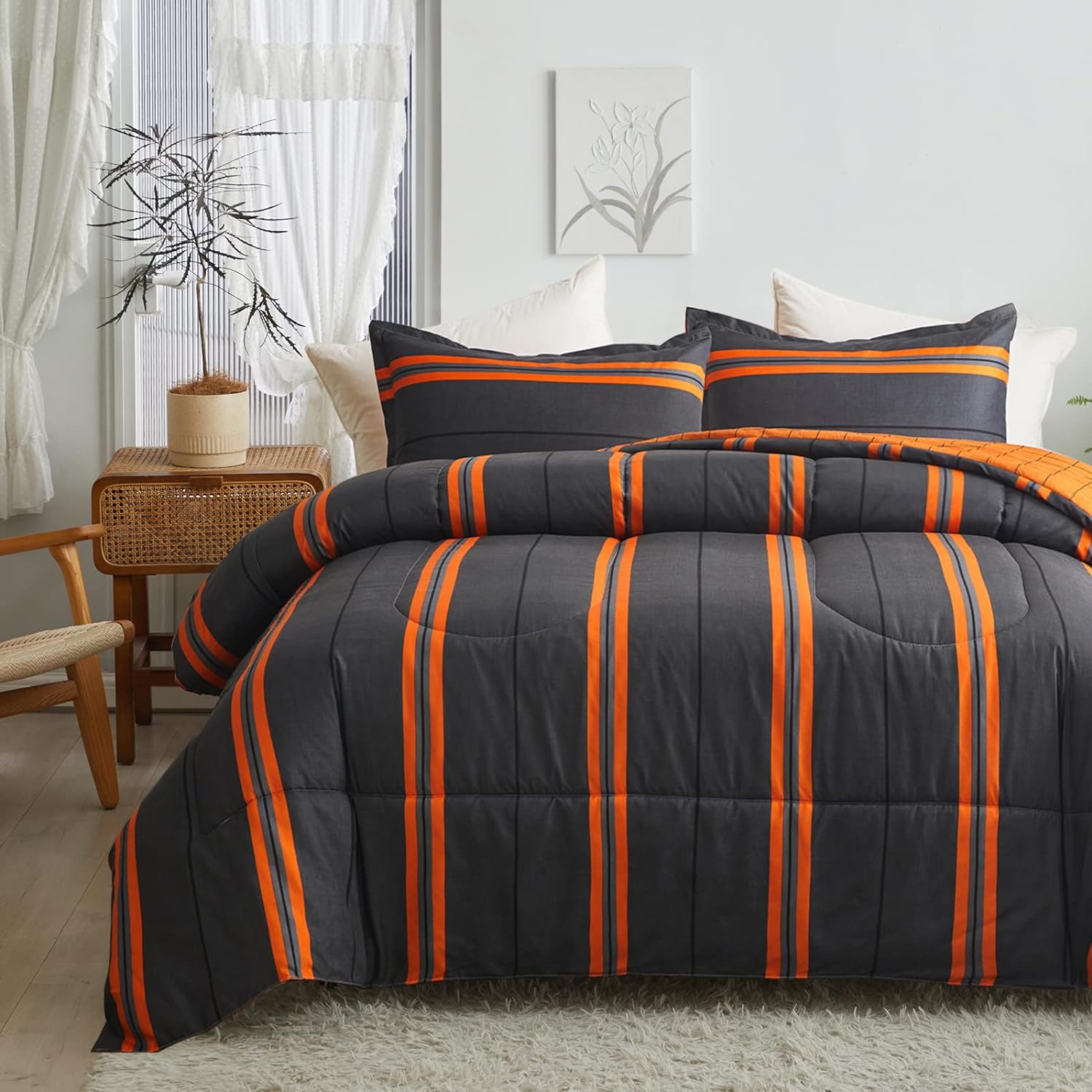 Flysheep 3 Pcs Modern Boho Halloween Comforter Set Full/Queen Size for Women, Bright Orange Striped on Black Dark Grey Soft Microfiber Reversible Bedding Set for All Season