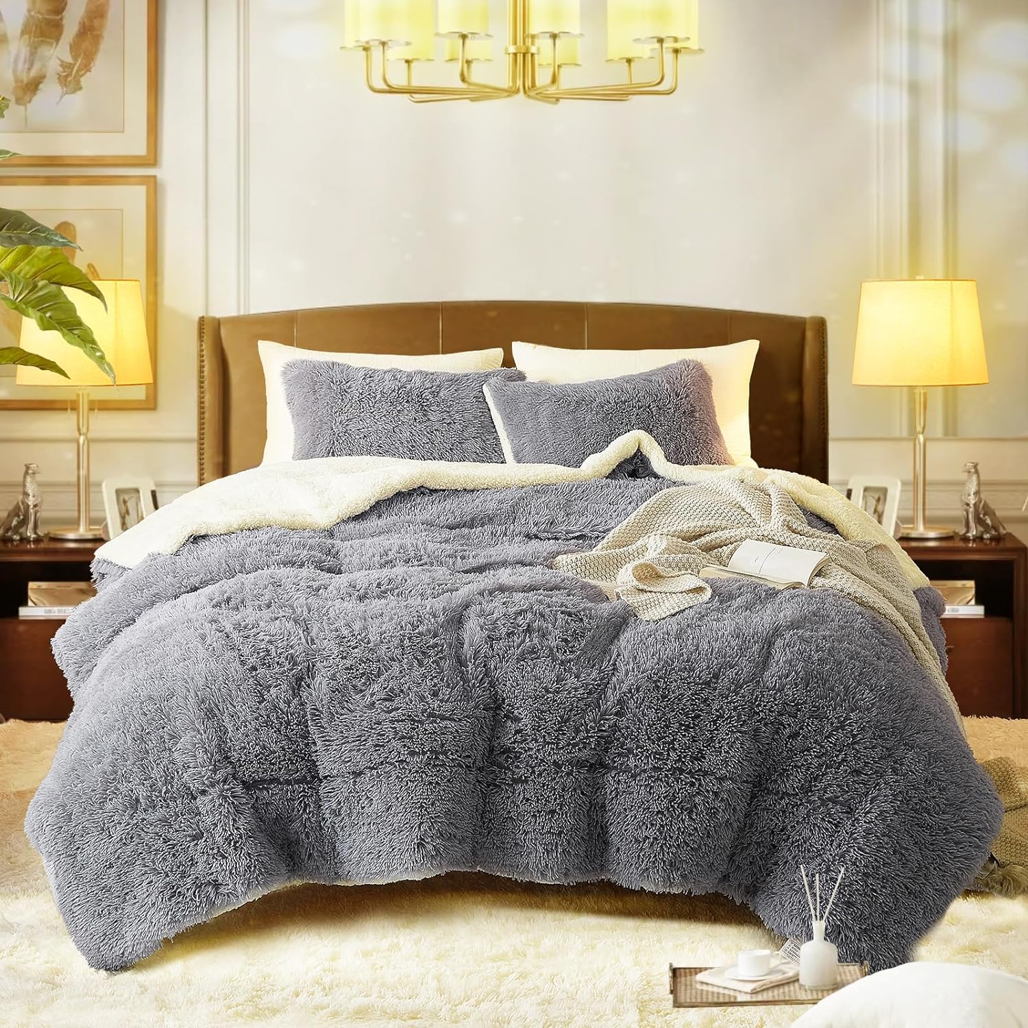 Luxury Faux Fur Full/Queen Size Winter Comforter Set Shaggy Velvet Gray Long Hair, 3 Pieces Plush Flannel Sherpa Backing Reversible Soft Microfiber Super Warm Bedding Set for Holiday