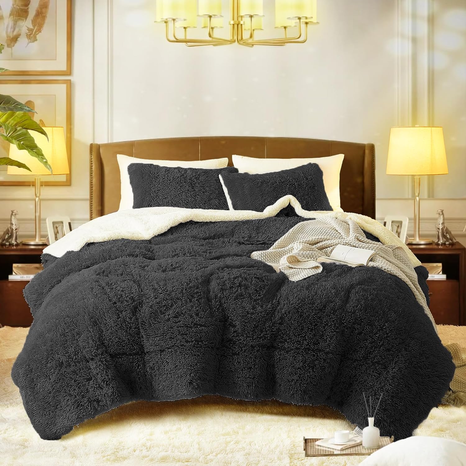 Luxury Faux Fur Full/Queen Size Winter Comforter Set Shaggy Velvet Dark Gray/Black Long Hair, 3 Pieces Plush Flannel Sherpa Backing Reversible Soft Microfiber Super Warm Bedding Set for Holiday