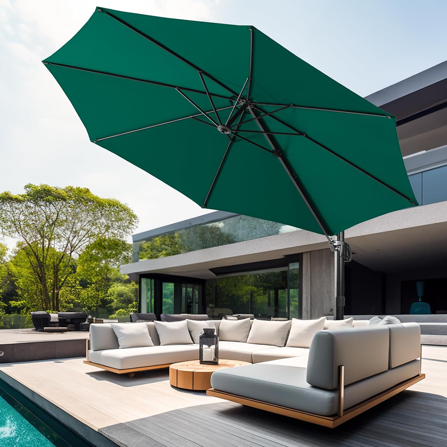 wikiwiki S Series Cantilever Patio Umbrellas 10 FT Outdoor Offset Umbrella/Fade & UV Resistant Solution-dyed Fabric, 5 Level 360 Rotation Aluminum Pole for Deck Pool Backyard Garden, Dark Green