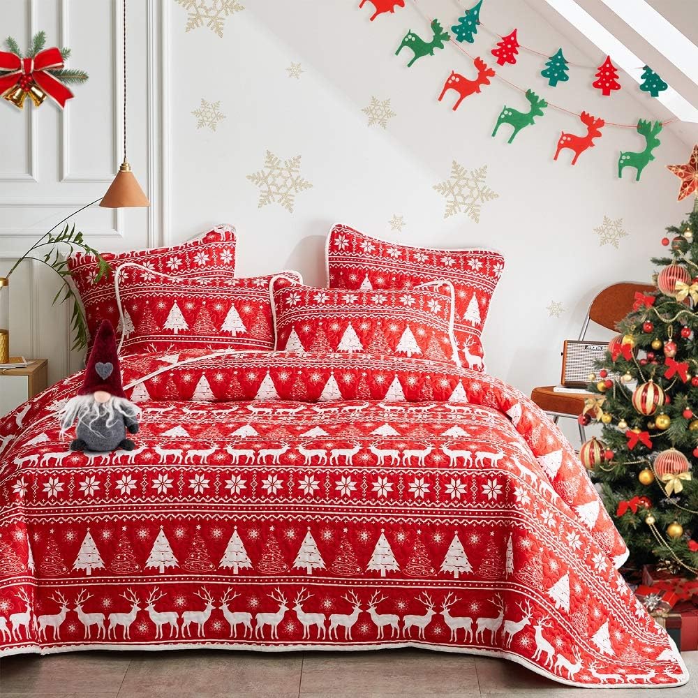 Flysheep Christmas Quilt Set King, Soft Microfiber Holiday Lightweight Bedspread Coverlet Bedding Set- Elk Deer Christmas Tree Snowflake Printed