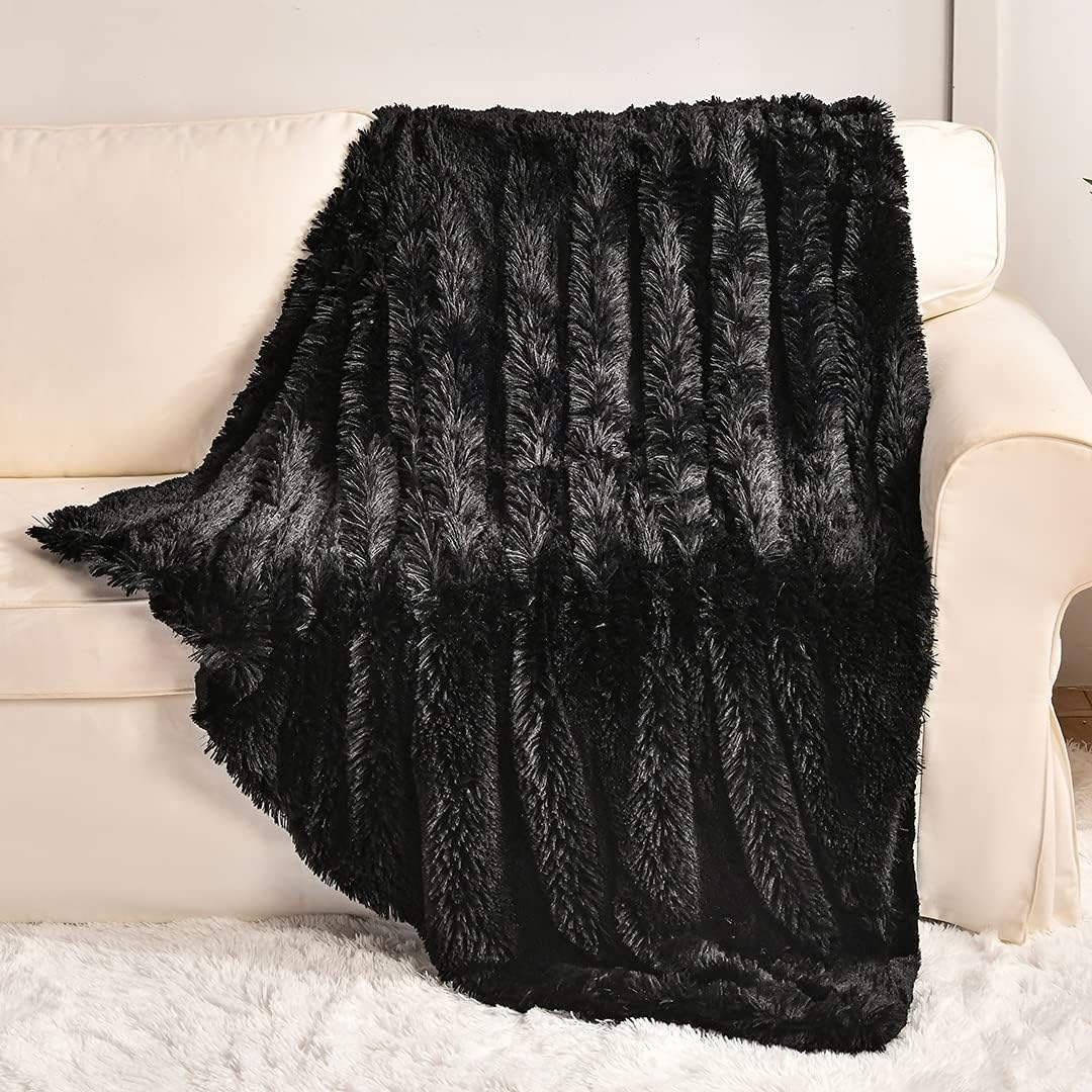 YUSOKI Black Faux Fur Throw Blanket,2 Layers,50 x 60, Soft Fuzzy Fluffy Plush Furry Comfy Warm Cozy Blanket for Couch Bed Chair Sofa Bedroom Mens Gift