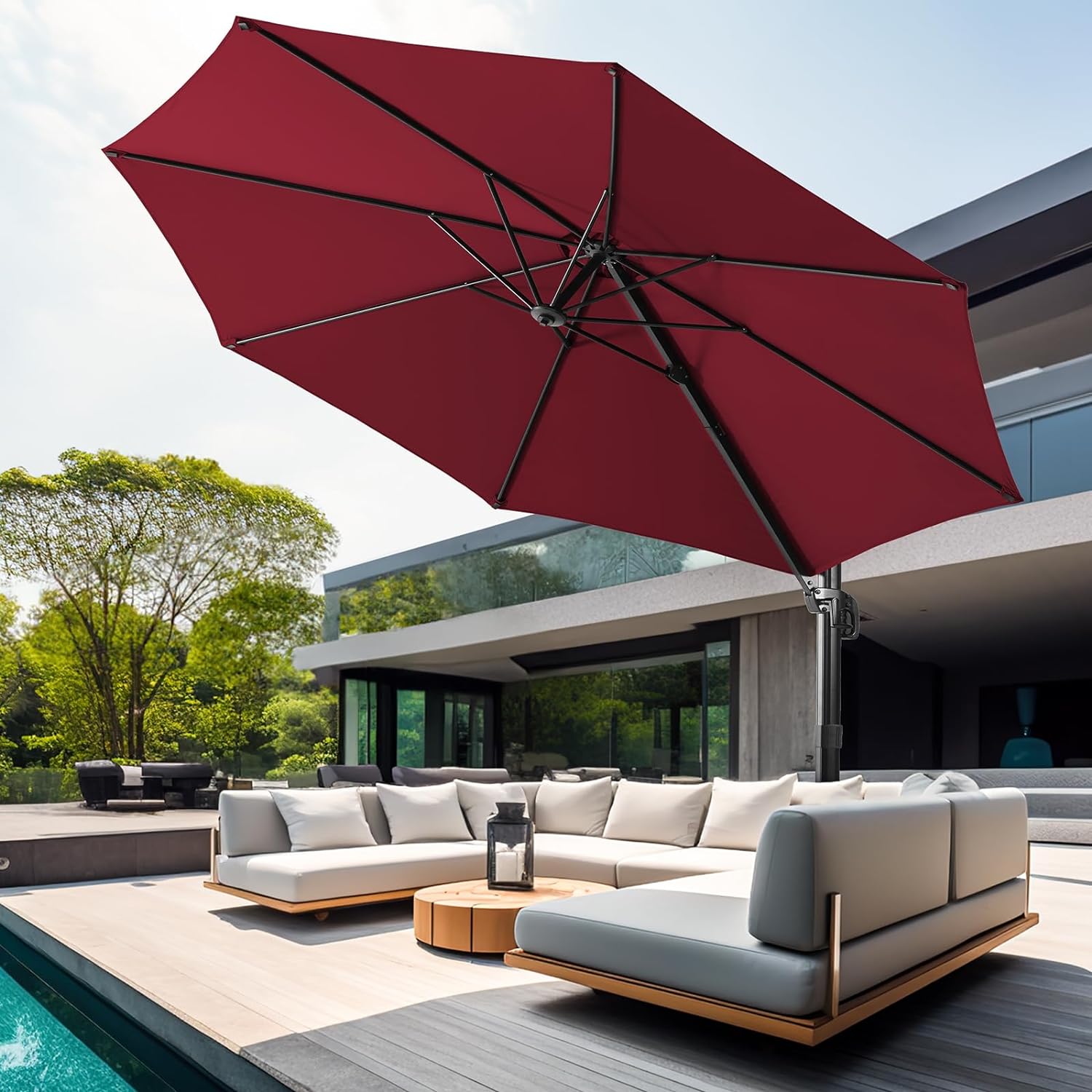 wikiwiki S Series Cantilever Patio Umbrellas 10 FT Outdoor Offset Umbrella/Fade & UV Resistant Solution-dyed Fabric, 5 Level 360 Rotation Aluminum Pole for Deck Pool Backyard Garden, Burgundy