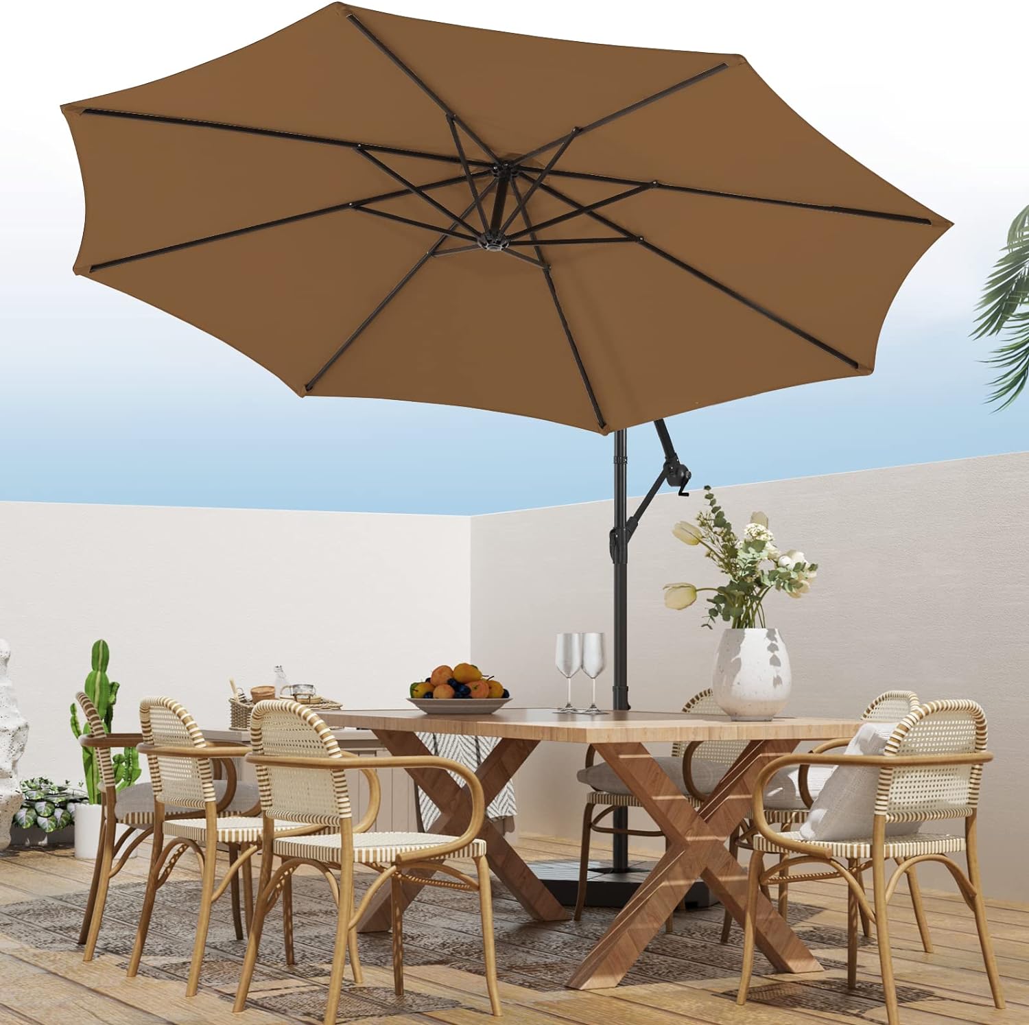 wikiwiki H Series Patio Offset Hanging Umbrella 10 FT Cantilever Outdoor Umbrellas w/Infinite Tilt, Fade Resistant Waterproof Solution-Dyed Canopy & Cross Base, for Yard, Garden & Deck (Wood)