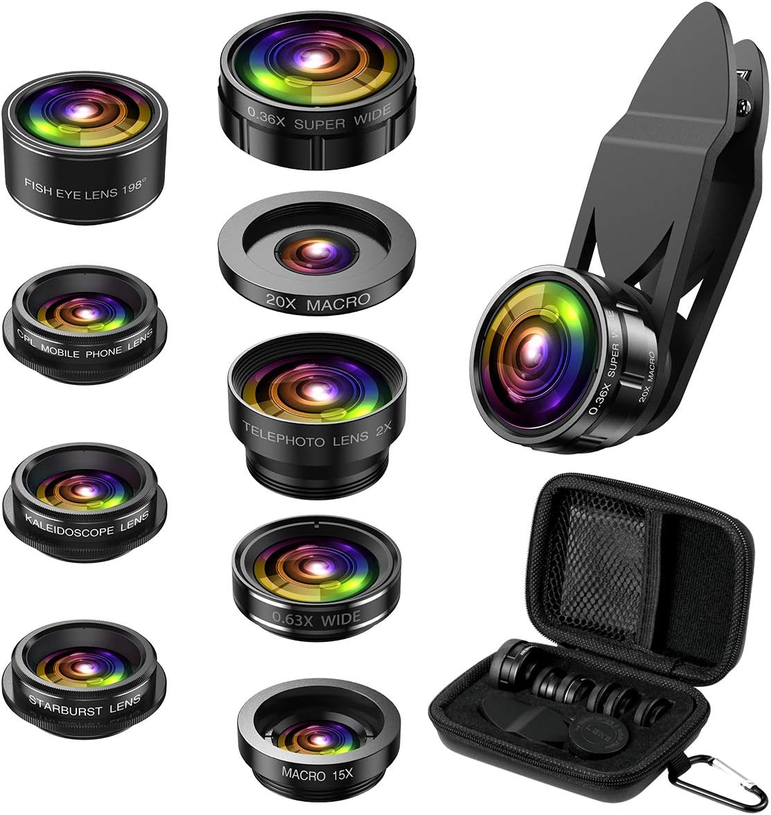 (Newest) Phone Camera Lens, 9 in 1 Lens Kit, Zoom Lens, 0.36X Wide Angle Lens   0.63X Wide Lens   15X Macro Lens   20X Macro Lens   Fisheye Lens   CPL   Starburst Lens Telephoto Lens for Smartphone