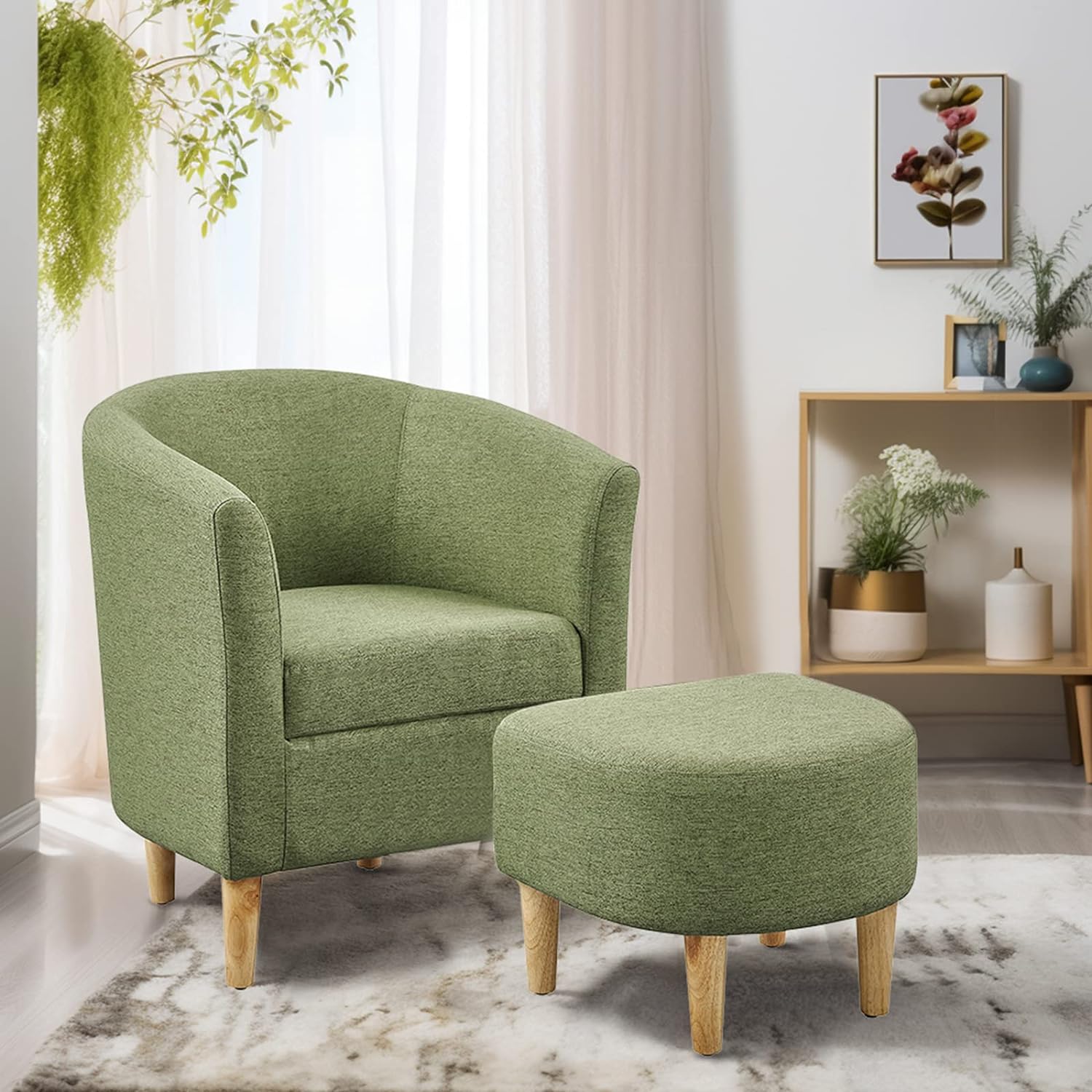 DAZONE Mid Century Modern Chair, Accent Chair Barrel with Ottoman Comfy Arm Footrest Set Comfortable Living Room Chairs Upholstered Round Club Tub Sofa for Bedroom Reading Green, Set of 1