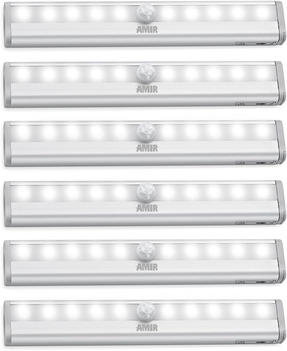 AMIR Motion Sensor Closet Lights, DIY Stick-on Anywhere Portable 10-LED Cabinet Night/Stairs/Step Light Bar with Magnetic Strip Battery Operated (Cool White - Pack of 6)