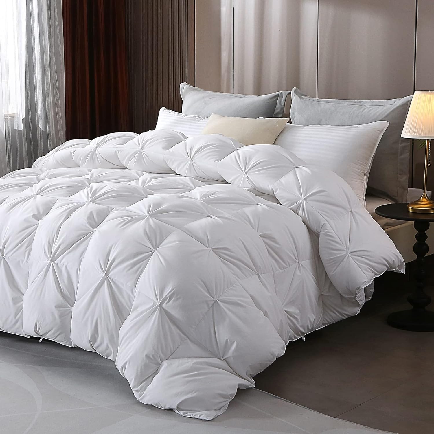 DWR Pinch Pleat Goose Feathers Down Comforter King Size, Ultra Soft Cotton Blend Cover, Luxury Fluffy Duvet Insert with 8 Corner Tabs, All-Season Medium Warm Bed Comforter(White, 106x90)