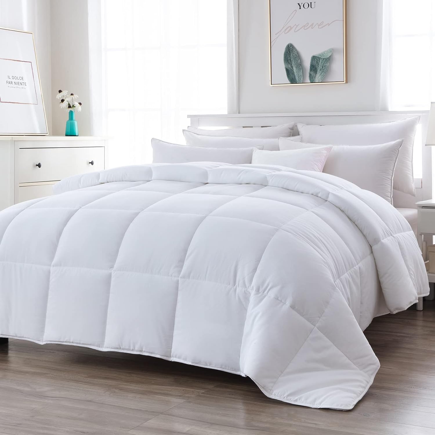 DWR Down Alternative Comforter Full/Queen | Bamboo Viscose Blend Microfiber Duvet Insert | Ultra-Soft Plush 250GSM Medium Warm Quilted All-Season Bed Comforter Insert with Tabs (88x88, White)