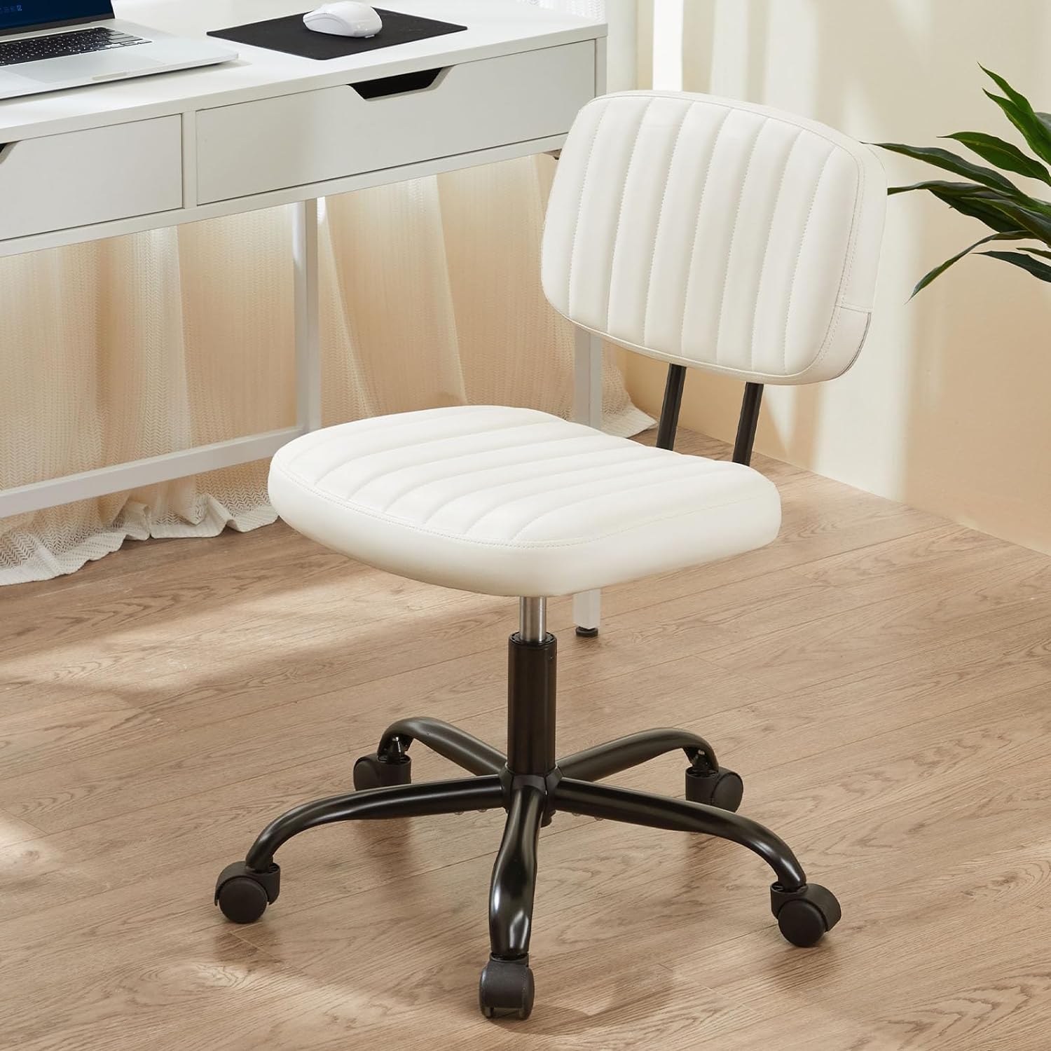 Sweetcrispy Small Office Desk Chair with Wheels Armless Comfy Computer Chair with Lumbar Support, PU Leather Low Back Adjustable Height 360 Rolling Swivel Task Chair Without Arm for Home, Bedroom