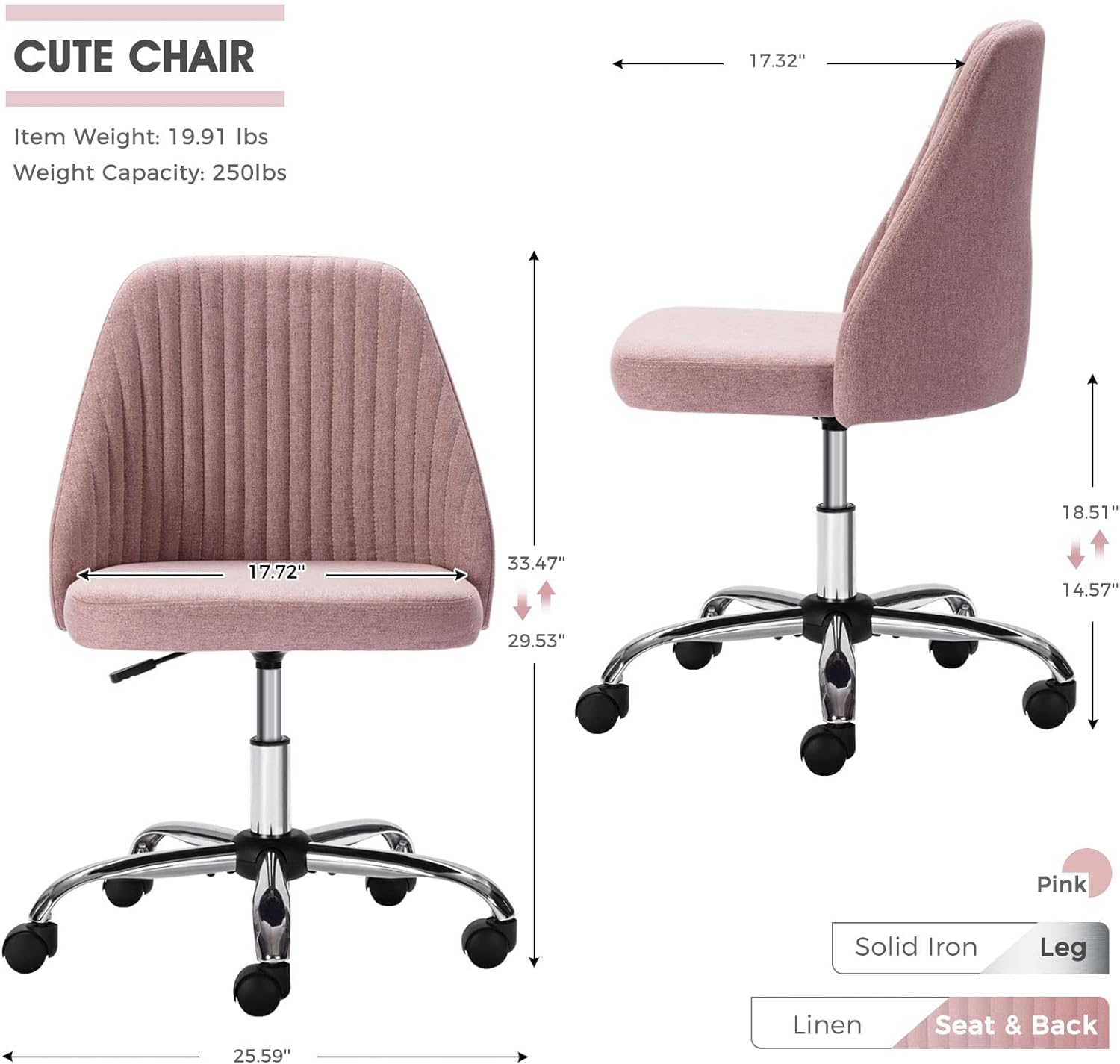 Home Office Chair - Armless Computer Desk Chair Adjustable Cute Modern Task Rolling Chair with Lumbar Support for Make Up,Small Space, Bed Room Light Pink