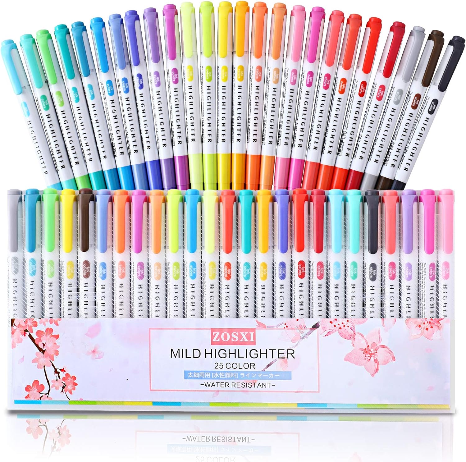 Zosxi Highlighter Double Ended Mild color Highlighter Fluorescent Marker pen for Coloring, Underlining, Highlighting,Broad and Fine Tips,Assorted 25 Colors (25 Color set)