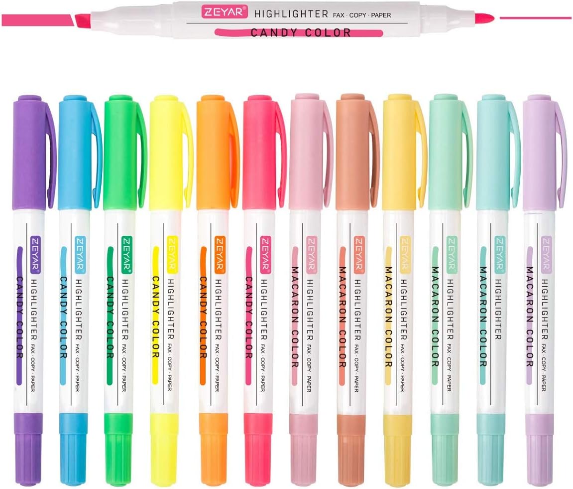 ZEYAR Highlighters, Dual Tips Marker Pen, Chisel and Fine Tips, 12 colors, Water Based, Assorted Colors, Quick Dry (12 colors)