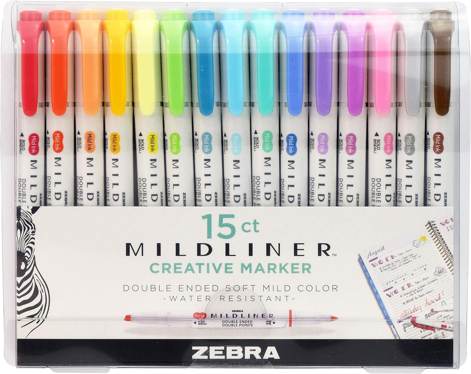 Zebra Pen Mildliner Double Ended Highlighter Set, Broad and Fine Point Tips, Assorted Ink Colors, 15-Pack