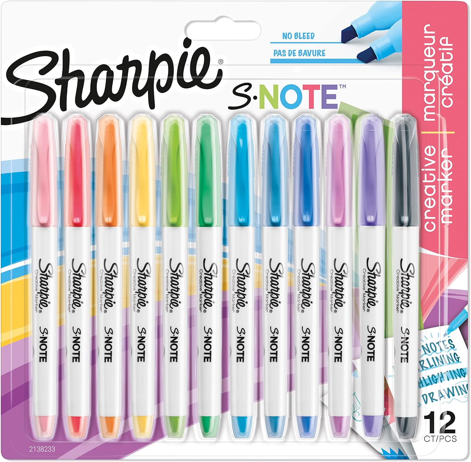 Sharpie S-Note Creative Colouring Highlighter Pens | Marker Pen to Write, Draw & More | Assorted Pastel Colours | Chisel Tip | 12 Count