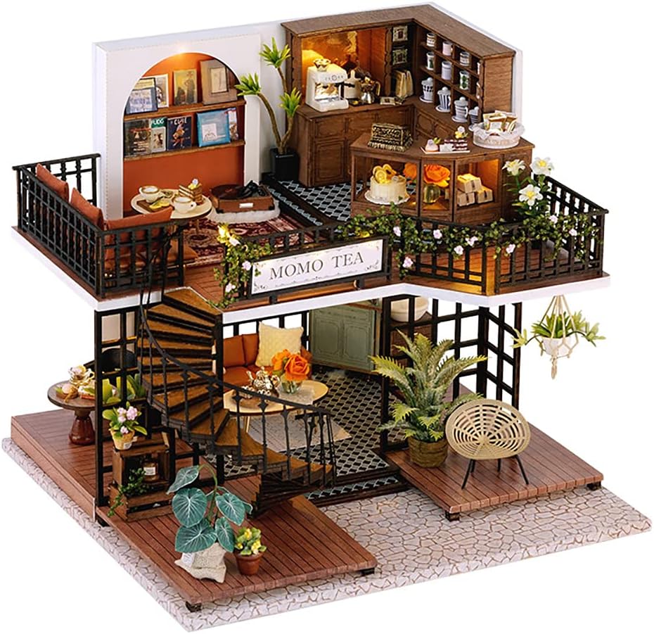 CUTEBEE Dollhouse Miniature with Furniture, DIY Wooden Dollhouse Kit Plus Dust Proof, Creative Room Idea(Forest Tea Shop)