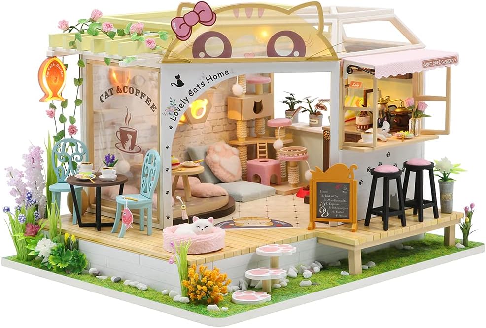 CUTEBEE Dollhouse Miniature with Furniture, DIY Wooden Dollhouse Kit Plus Dust Proof, Creative Room Idea(Cat Coffee Garden)