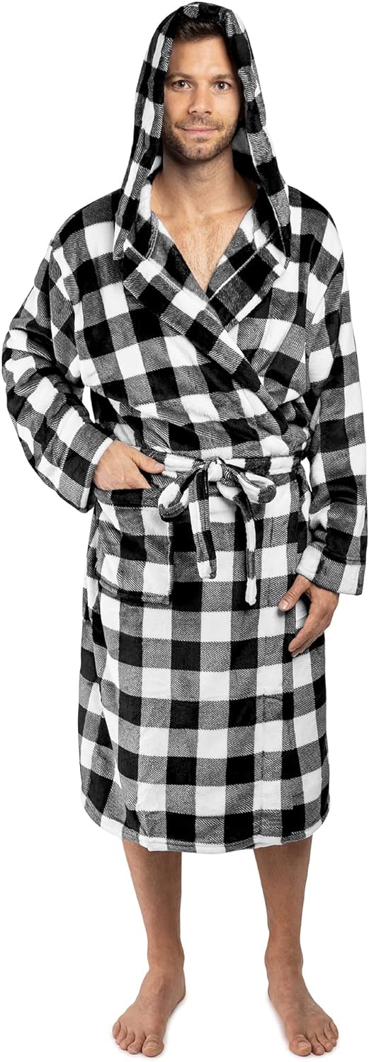 PAVILIA Mens Robe, Hooded Soft Robe for Men, Fleece Bathrobe with Hood for Bath Shower Spa, Plush Warm