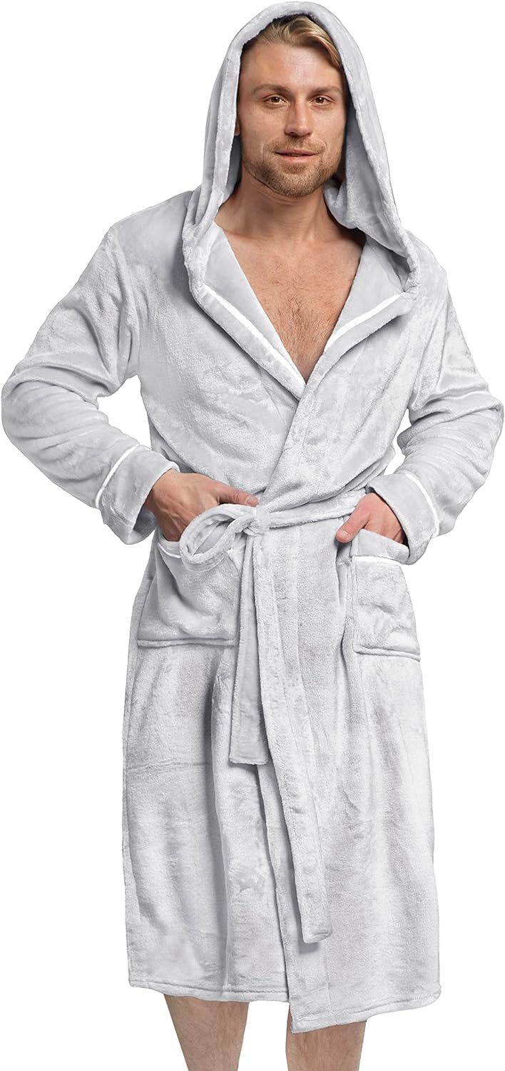 PAVILIA Mens Robe, Hooded Soft Robe for Men, Fleece Bathrobe with Hood for Bath Shower Spa, Plush Warm