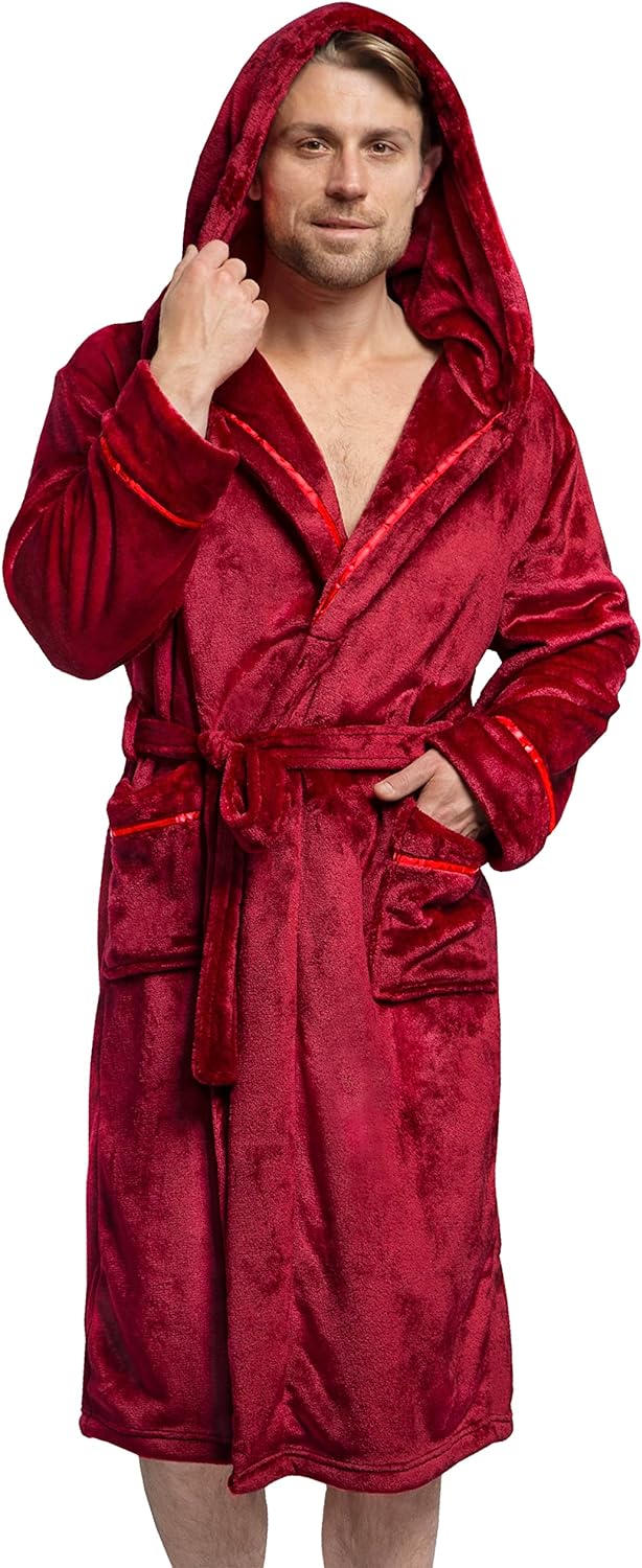 PAVILIA Mens Robe, Hooded Soft Robe for Men, Fleece Bathrobe with Hood for Bath Shower Spa, Plush Warm