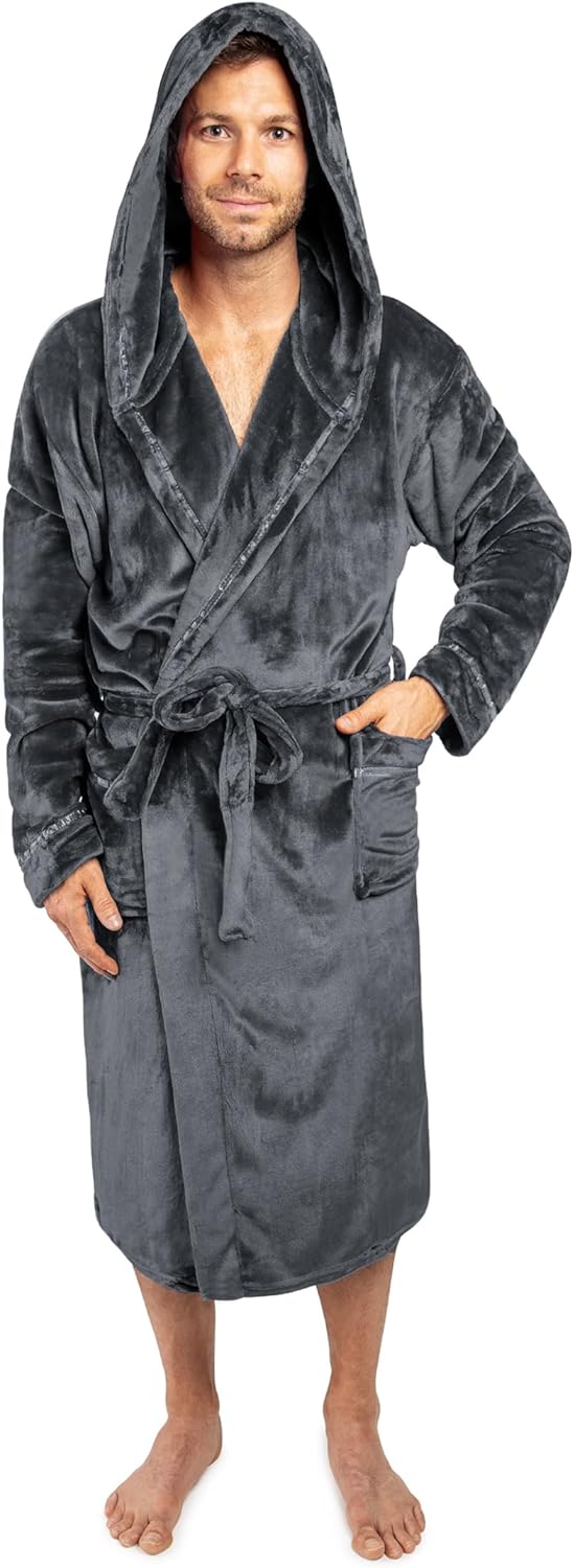 PAVILIA Mens Robe, Hooded Soft Robe for Men, Fleece Bathrobe with Hood for Bath Shower Spa, Plush Warm