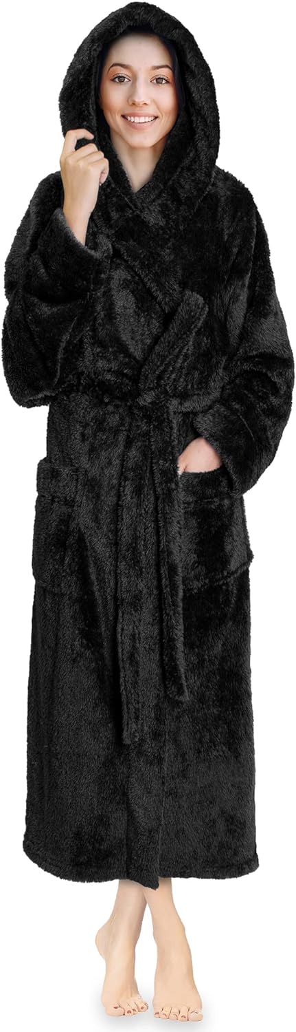 PAVILIA Women Hooded Plush Soft Robe | Fluffy Warm Fleece Sherpa Shaggy Bathrobe