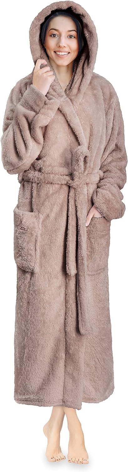 PAVILIA Women Hooded Plush Soft Robe | Fluffy Warm Fleece Sherpa Shaggy Bathrobe