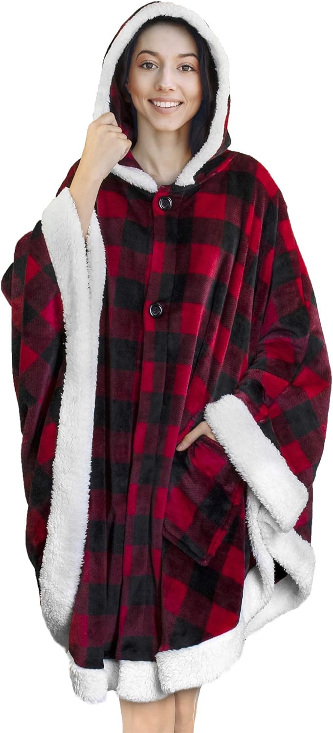 PAVILIA Angel Wrap Hooded Blanket, Wearable Blanket Women, Cozy Poncho Wrap Throw for Adult, Plush Soft Sherpa Fleece Cape Shawl with Pocket Hood Gift Wife, Black and Red Buffalo Plaid Checkered