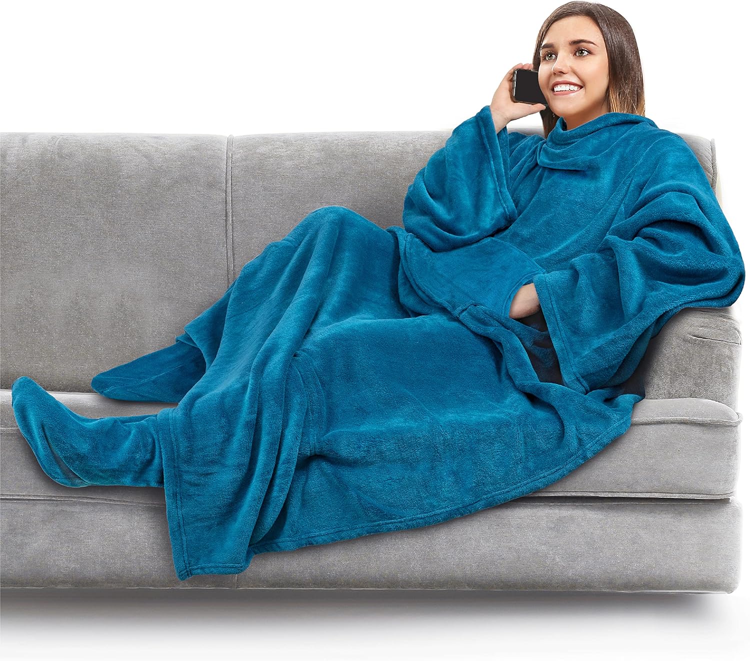 PAVILIA Fleece Blanket with Sleeves and Foot Pockets for Women Men Adults, Wearable Blanket Sleeved Throw Wrap, Plush Hug Sleep Pod Snuggle Blanket Robe, Cozy Gift Ideas Wife Mom, Teal Blue