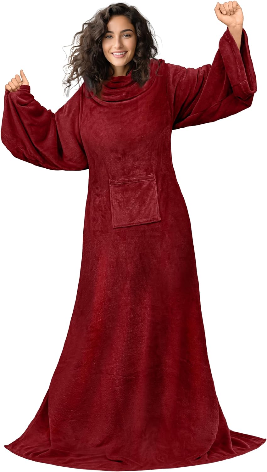 PAVILIA Wearable Blanket with Sleeves for Adults Women Men, Wine Red Fleece Soft Warm Full Body Wrap Throw, Front Pocket, Cozy Robe Blanket with Arm, Gifts for Christmas, Mom Wife