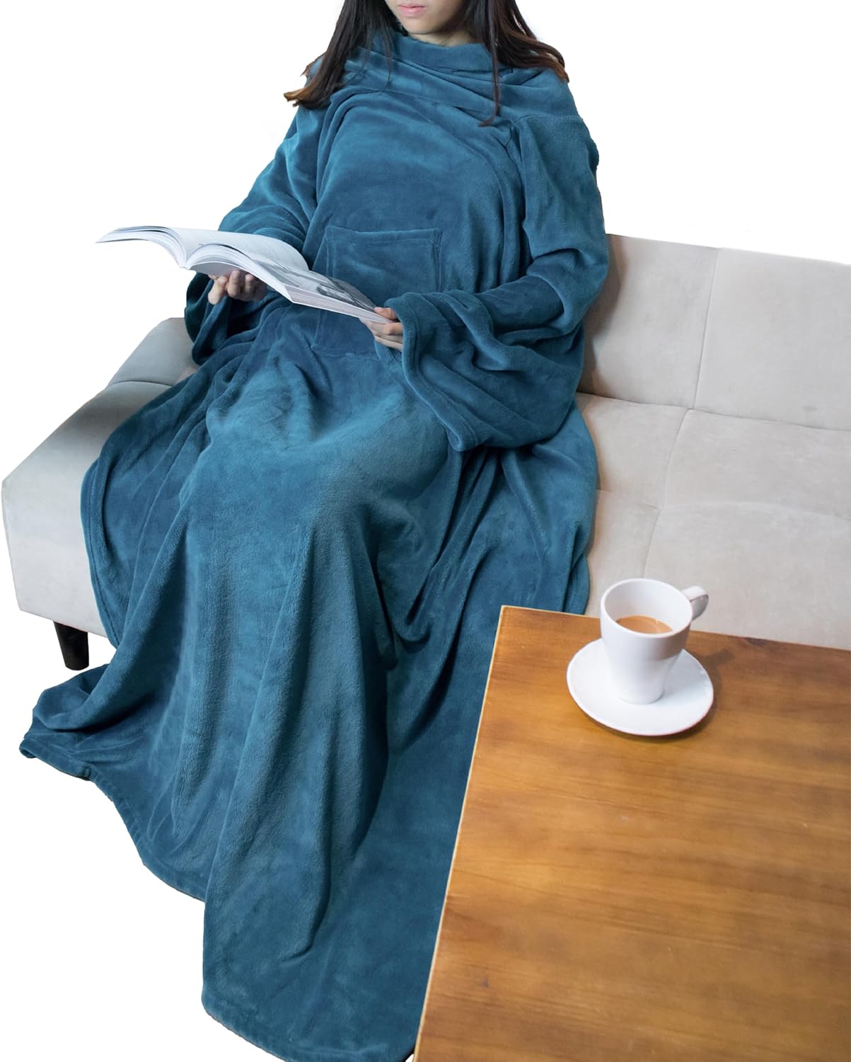 PAVILIA Wearable Blanket with Sleeves for Adults Women Men, Teal Blue Fleece Soft Warm Full Body Wrap Throw, Front Pocket, Cozy Robe Blanket with Arm, Gifts for Christmas, Mom Wife