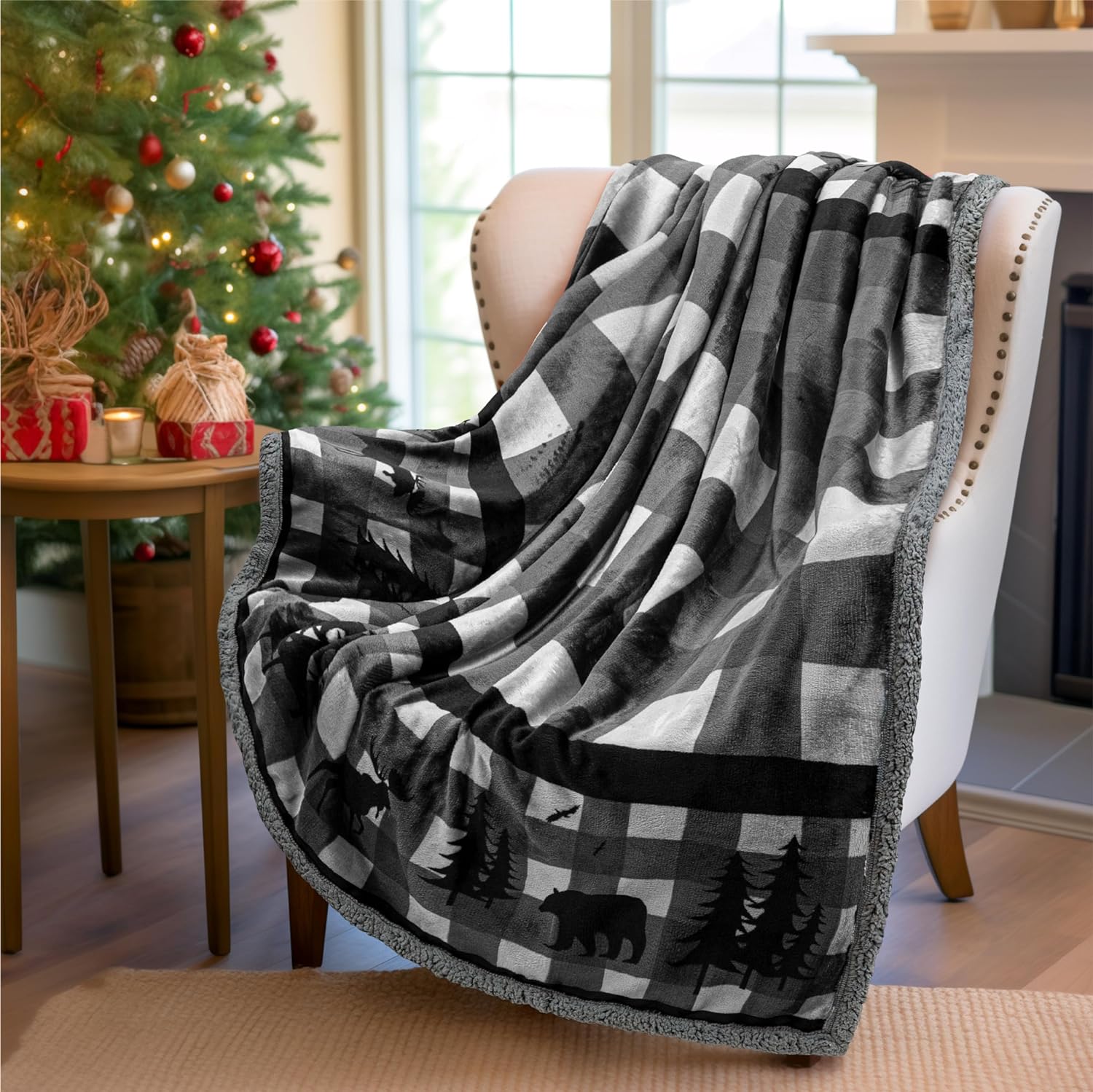 PAVILIA Winter Cabin Sherpa Blanket Throw | Flannel Fleece Christmas Blanket | Plaid Holiday Blanket Gift | Plush, Soft, Warm, Cozy, Reversible Microfiber Throw 50x60 (Grey)