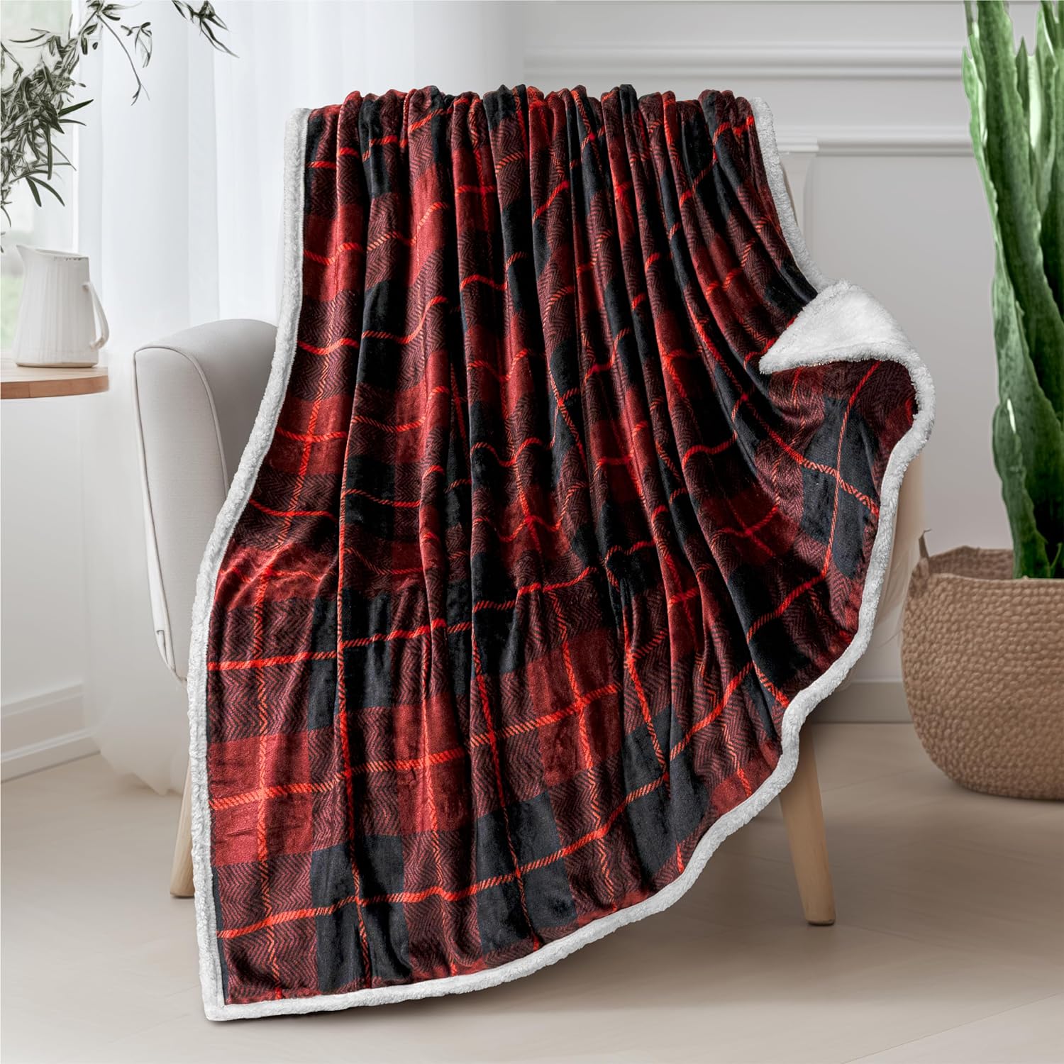 PAVILIA Red Black Plaid Sherpa Throw Blanket for Couch, Super Soft Plush Flannel Blanket & Throws for Bed Sofa, Warm Cozy Winter Christmas Blanket, Reversible Fuzzy Decorative Fleece Gift Throw, 50x60