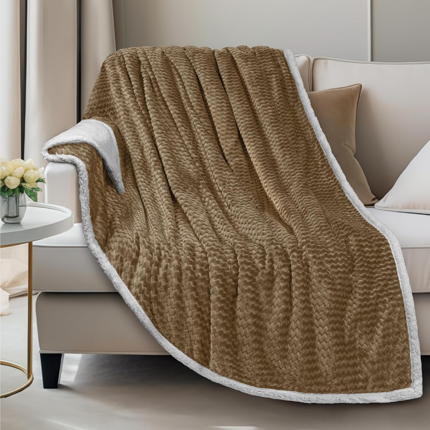 PAVILIA Tan Taupe Couch Blanket Throw Reversible Sherpa Chevron, Soft Cozy Jacquard Weave Textured Blanket Sofa Bed, Thick Warm Large Fleece Car Blanket, Decorative Plush Home Decor, 50x60 Beige Camel