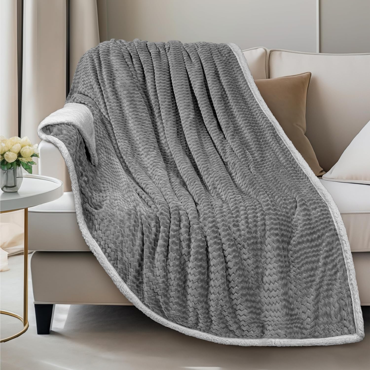 PAVILIA Dark Gray Couch Blanket Throw Reversible Sherpa Chevron, Soft Cozy Jacquard Weave Textured Blanket Sofa Bed, Thick Warm Large Fleece Car Blanket, Decorative Plush Home Decor, 50x60 Dark Grey