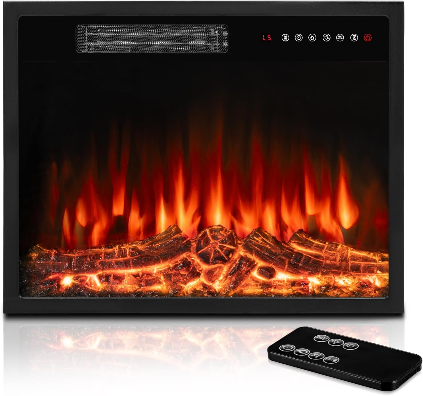 BOSSIN 23 inch Electric Fireplace Insert with Stove Heater for TV Stand,LED Realistic Flame,Recessed Mounted Fireplace Heater with Remote Control,Fireplace with Adjustable Flame, Timer 750/1500W