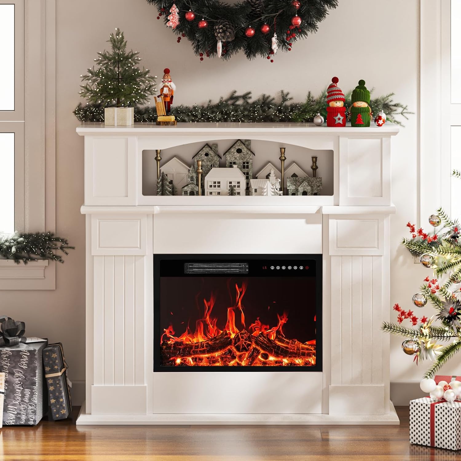 BOSSIN 43 Electric Fireplace with Mantel, 23 inch Electric Fireplace Insert, Freestanding TV Stand with Fireplace Heater,Wooden Surround Firebox Faux Log & Led Flames, Remote Control,750W/1500W White