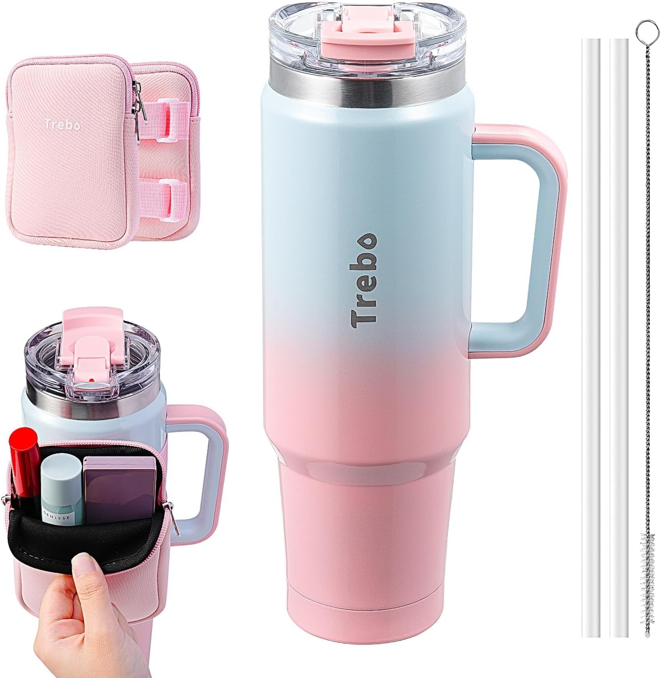 Trebo 40oz Tumbler with Handle and Pouch, Insulated Cup with Straw 2-in-1Lid,Double Walled Stainless Steel Mug,Reusable Water Bottle Travel Flask for Cup Holder,Keep Cold Hot,Gifts for Girl,Blue Pink