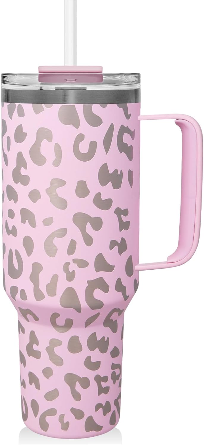 COKTIK 40 oz Tumbler With Handle and Straw Lid, 2-in-1 Lid (Straw/Flip), Vacuum Insulated Travel Mug Stainless Steel Tumbler for Hot and Cold Beverages,Easy to Clean (Blush Leopard)