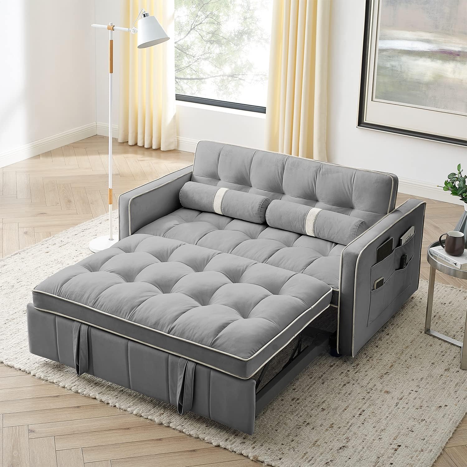 3 in 1 Sleeper Sofa Couch Bed, Small Tufted Velvet Convertible Loveseat Futon Sofa w/Pullout Bed, Adjustable Backrest, Cylinder Pillows, Multi-Pockets for Living Room Apartment, Grey, 55.5