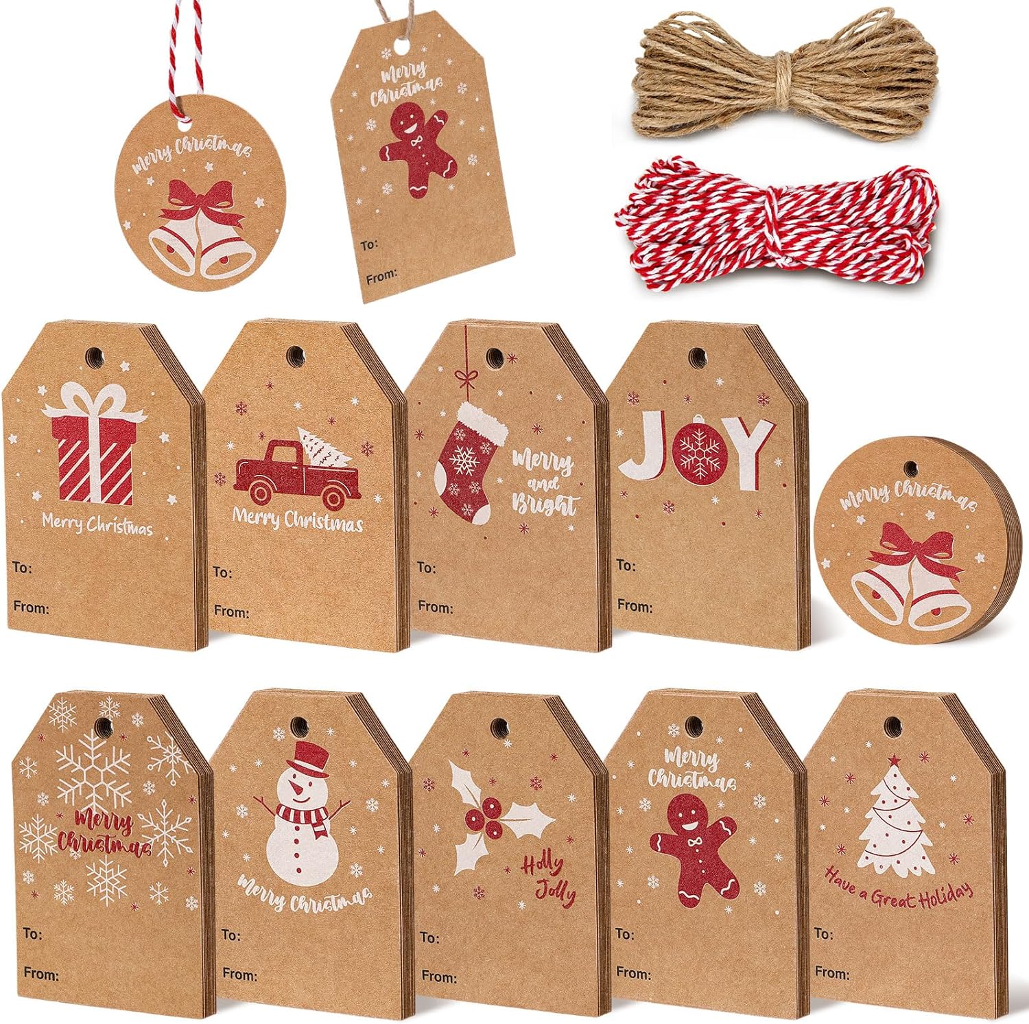 Blisstime 100PCS Christmas Gift Tags with String Twine for Gift Wrapping, Brown Kraft Gift Tags for Christmas Presents, Snowflake Snowman Holiday Gift Tags Christmas