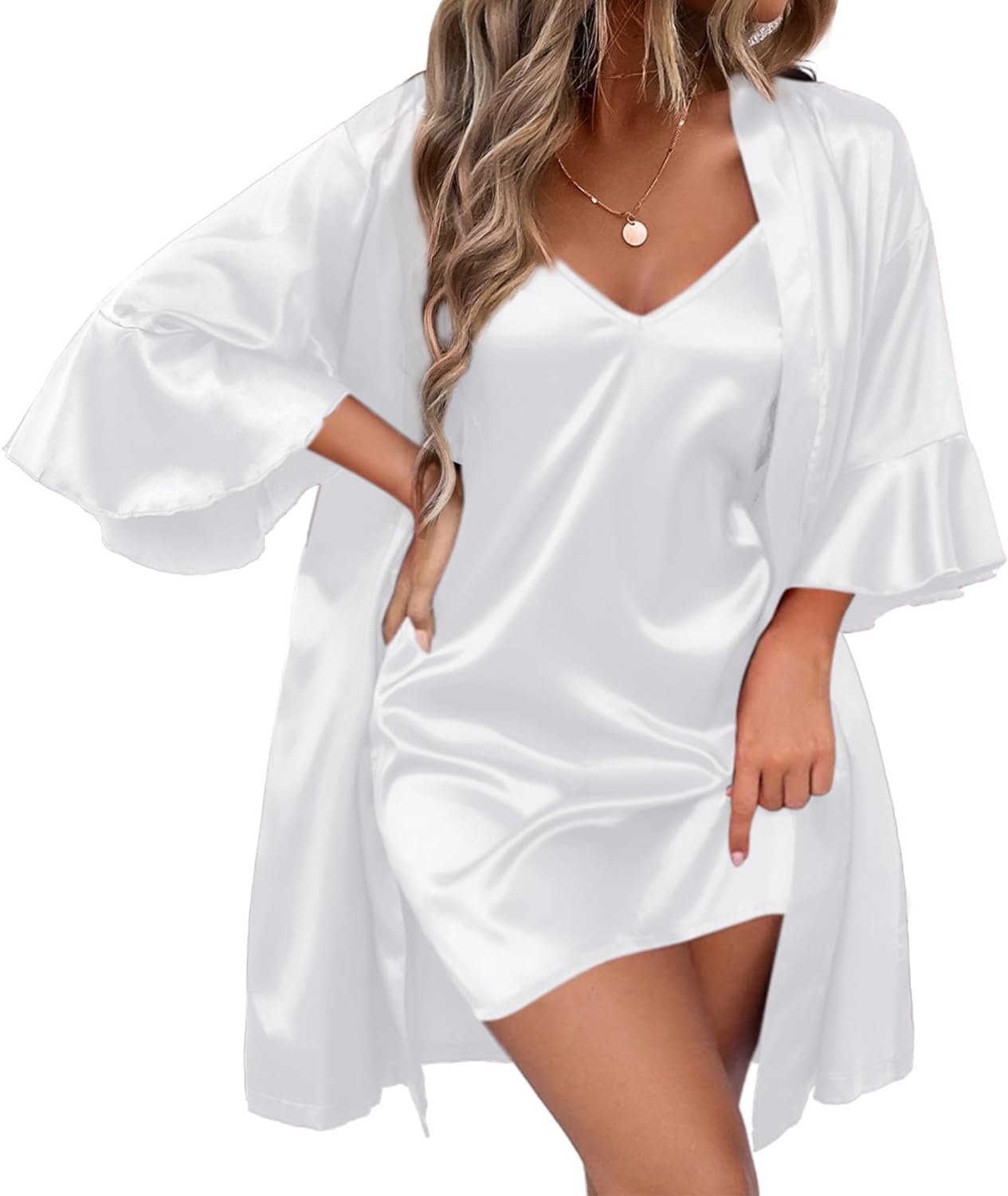 Ekouaer Women' Silk Robe Set V-neck 2 Piece Bridal Party Robes and Satin Bathrobe Set with Pockets