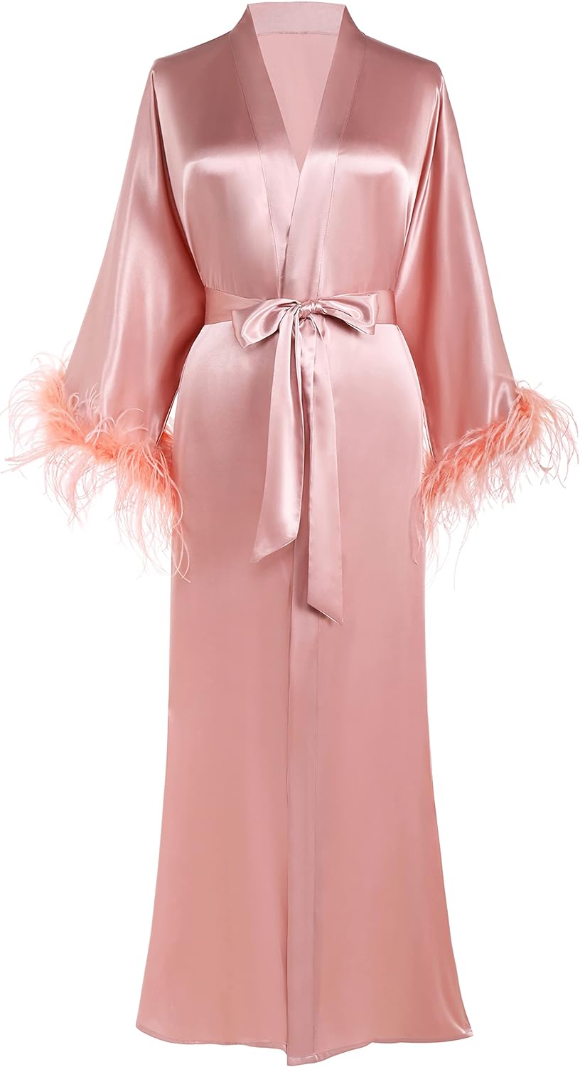 PRODESIGN Satin Kimono Robe Long Bath Robe with Ostrich Feather Trim Sleepwear Wedding Bridesmaid Robe