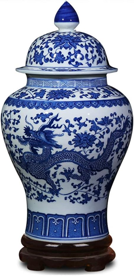 ufengke Jingdezhen Classic Blue and White Porcelain Dragon Temple Ceramic Ginger Jar Vase,China Ming Style,Height 15(38cm)