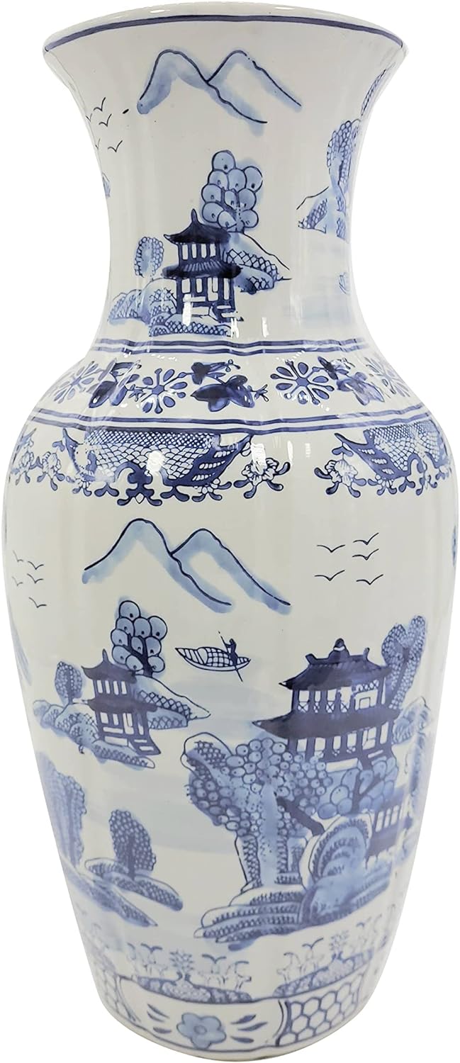 Galt International 18 Blue and White Fishtail Style Ceramic Porcelain Vase Classic Temple Landscape Design